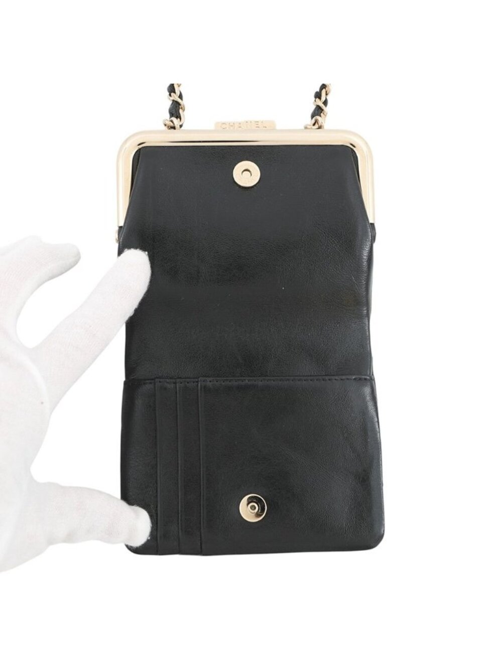 Chanel Chain Wallet Quilted CC Logo Kiss Lock Bifold Leather Black - Picture 5 of 10